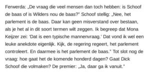 Schoof refereert aan een opmerking van Mona Keijzer dat vragen wie de baas is een typische mannenvraag is.