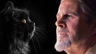 Left a black cat looking to the right. At the right the face of singer Alfred Deller looking to the right, slightly smiling.