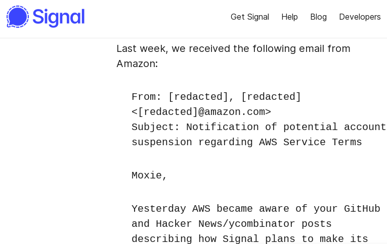 Part of letter from Amazon to Signal, 2018